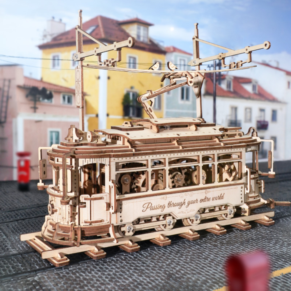 rokr wooden 3d puzzles model car kits tramcar (2)